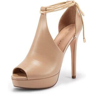 👑Womens 1-Khaki Peep Toe Platform Stiletto Heels Lace-Up Strappy Dress Sandals